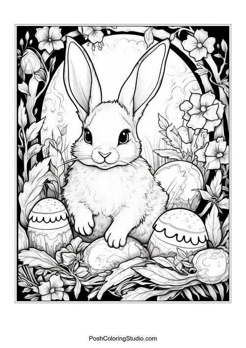 A rabbit surrounded by flowers and decorated eggs.
