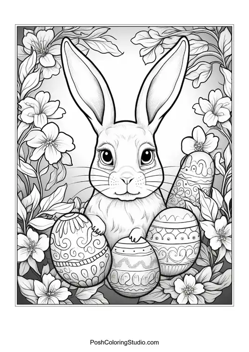 A rabbit's face surrounded by a variety of flowers.