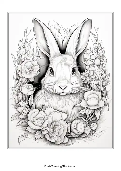 A rabbit with a floral background and a thoughtful look.