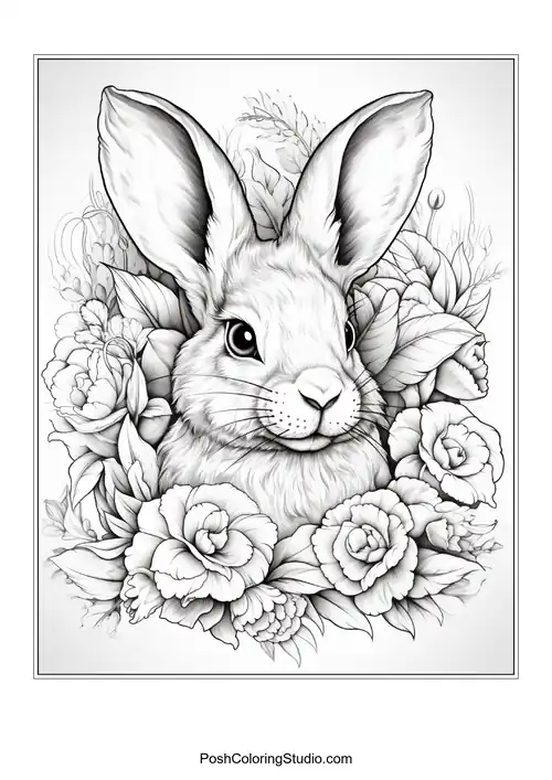 A rabbit's head framed by roses and leaves.