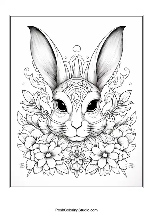 A rabbit nestled among flowers with a serene expression.