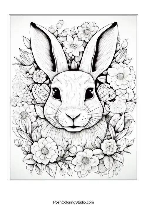 A rabbit with decorative eggs and flowers around it.