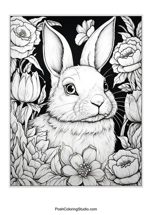 A rabbit's head framed by a floral arrangement.