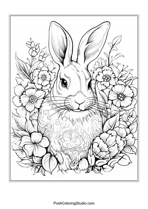 A rabbit surrounded by flowers and a decorative egg.