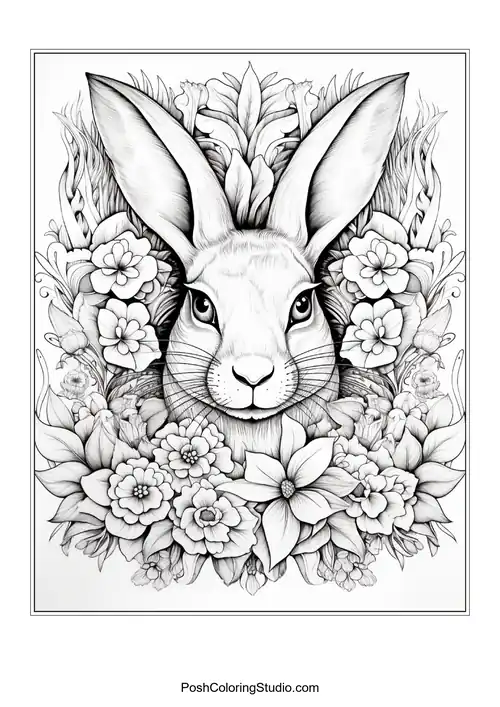 A rabbit with a floral crown and detailed features.