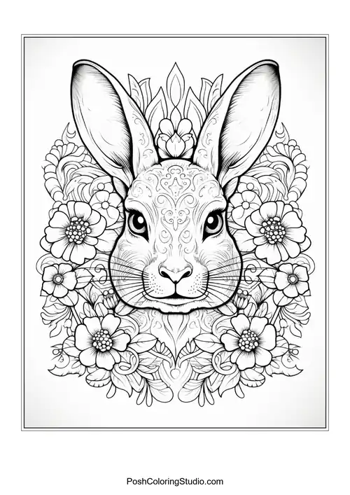 A rabbit's face surrounded by a variety of flowers.