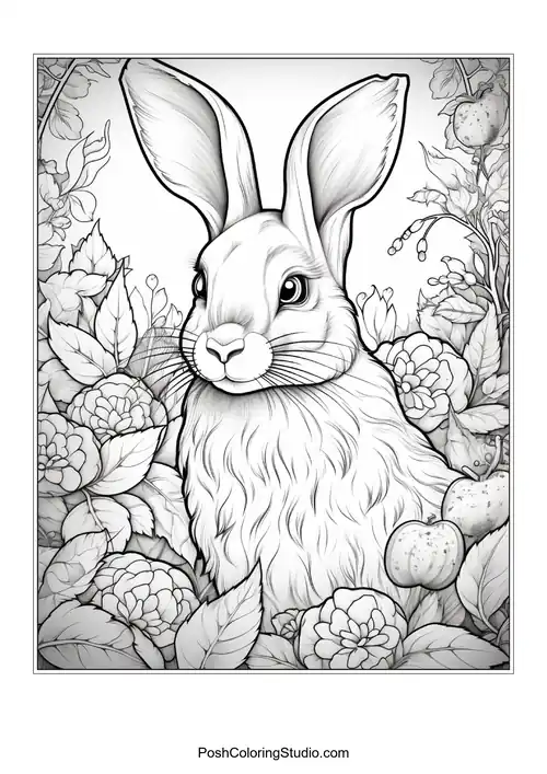 A rabbit with a floral background and a thoughtful look.