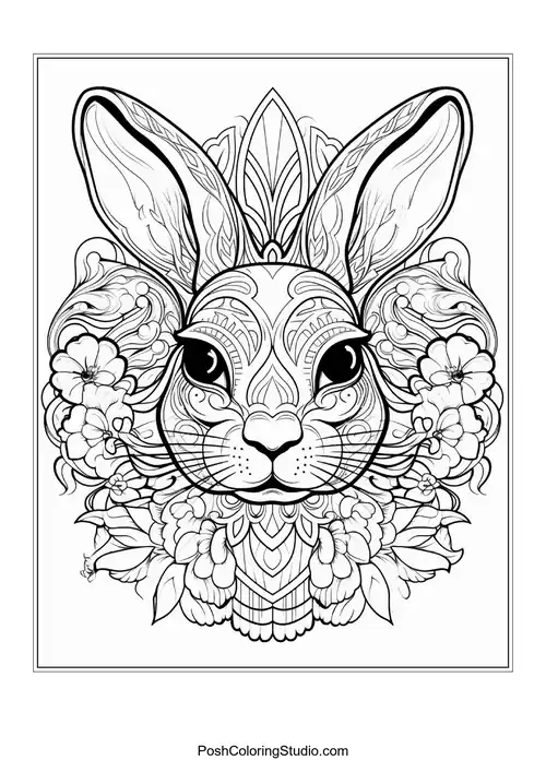 A rabbit nestled among flowers with a serene expression.