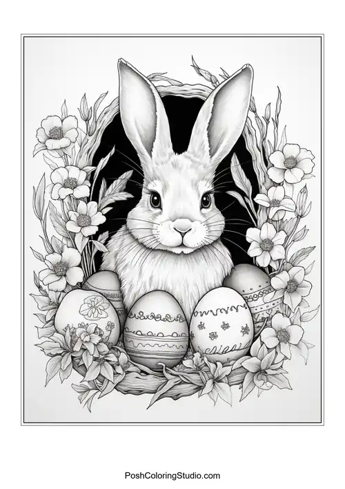 A rabbit with decorative eggs and flowers around it.