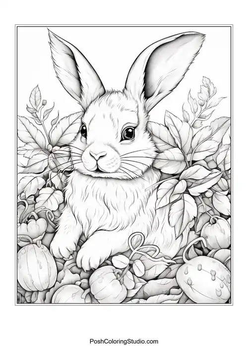 A rabbit nestled among pumpkins and foliage.