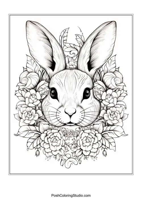 A rabbit's head framed by a floral arrangement.
