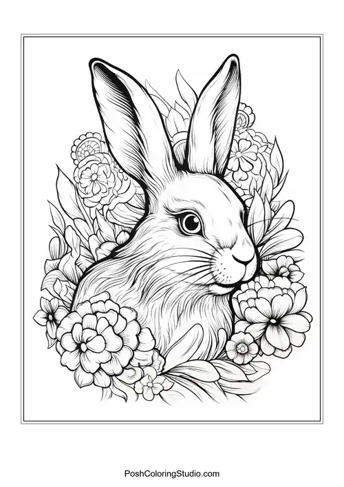 A rabbit with a floral crown and detailed features.
