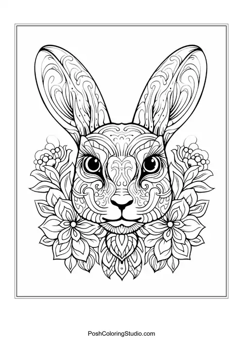 A rabbit surrounded by flowers and decorated eggs.