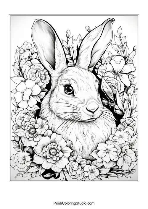 A rabbit's face surrounded by a variety of flowers.