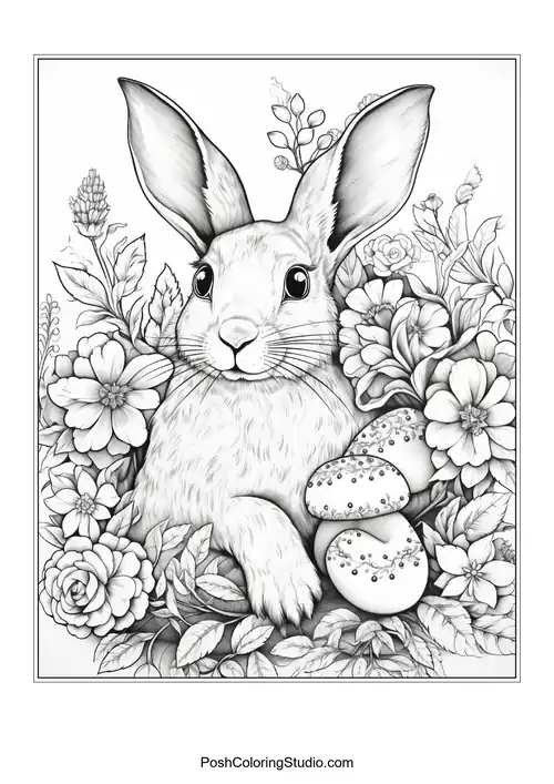 A rabbit with a floral background and a thoughtful look.