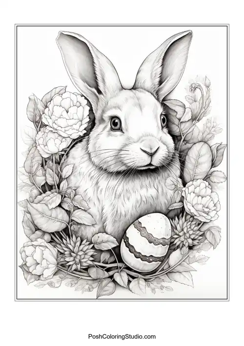 A rabbit nestled among flowers with a serene expression.