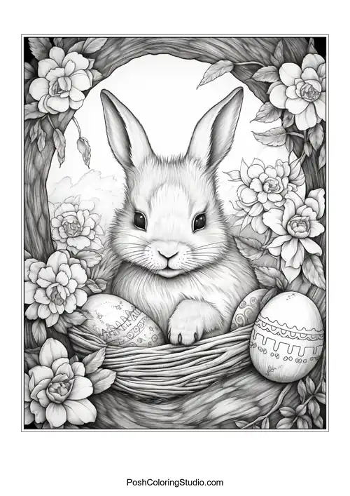 A rabbit with decorative eggs and flowers around it.