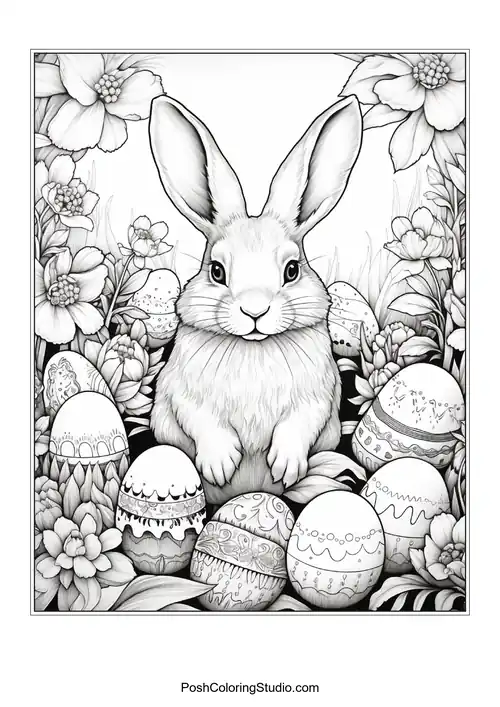 A rabbit's head framed by a floral arrangement.