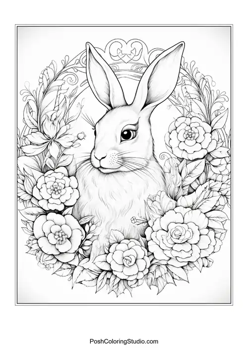 A rabbit surrounded by flowers and a decorative egg.