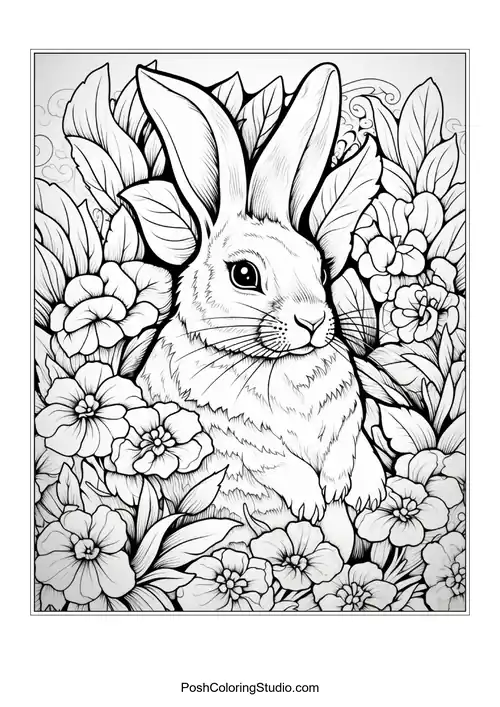 A rabbit sitting among flowers with a serene look.