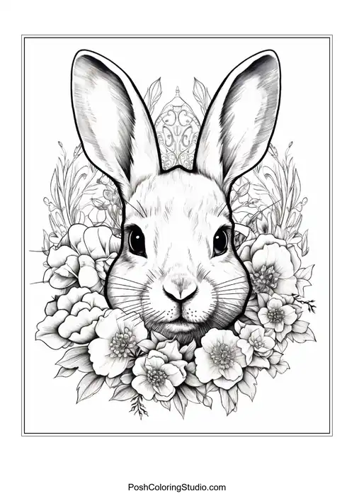 A rabbit with a floral crown and detailed features.