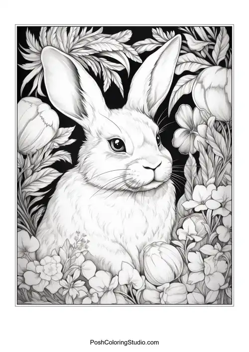 A rabbit surrounded by flowers and decorated eggs.