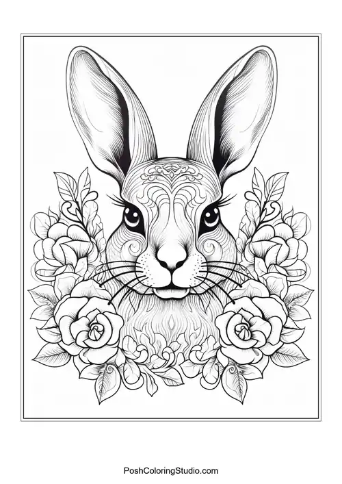 A rabbit's face surrounded by a variety of flowers.