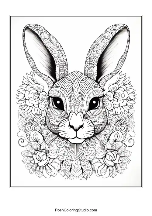 A rabbit with a floral background and a thoughtful look.
