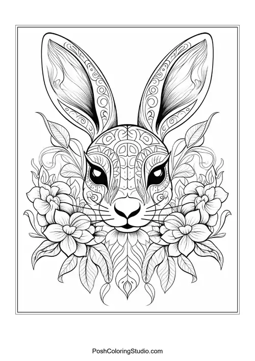 A rabbit nestled among flowers with a serene expression.
