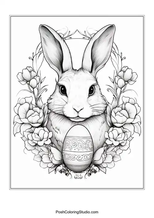 A rabbit's head framed by a floral arrangement.