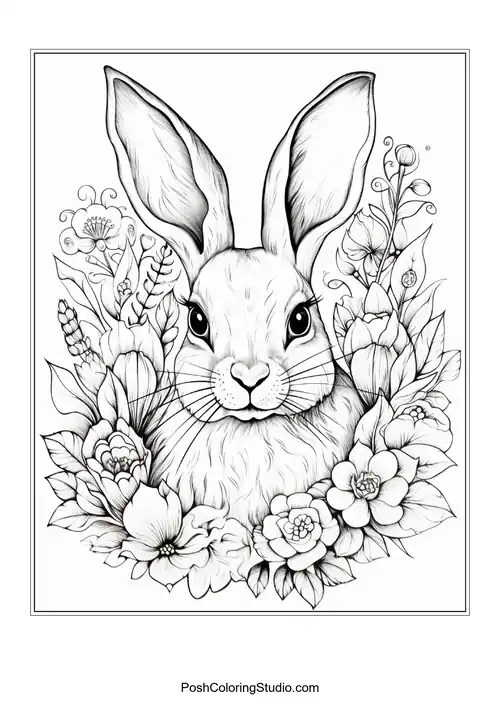 A detailed rabbit surrounded by various flowers and foliage.