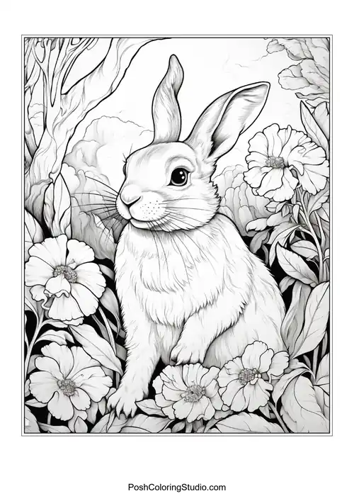 A rabbit sitting among large flowers and greenery.