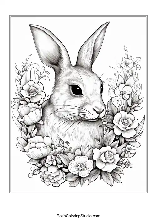 A rabbit's head surrounded by a wreath of flowers.