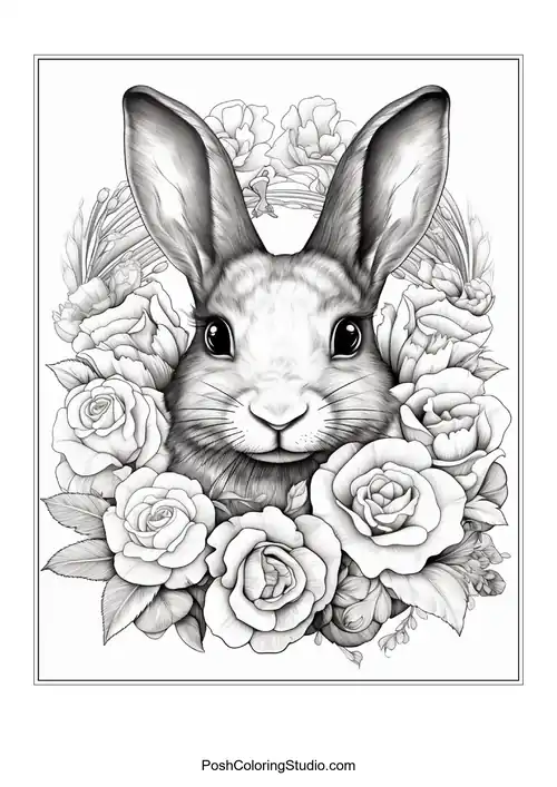 A rabbit's face with large ears and roses around it.
