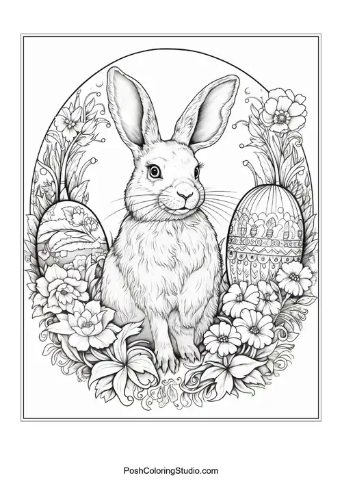 A rabbit's face surrounded by a floral arrangement.