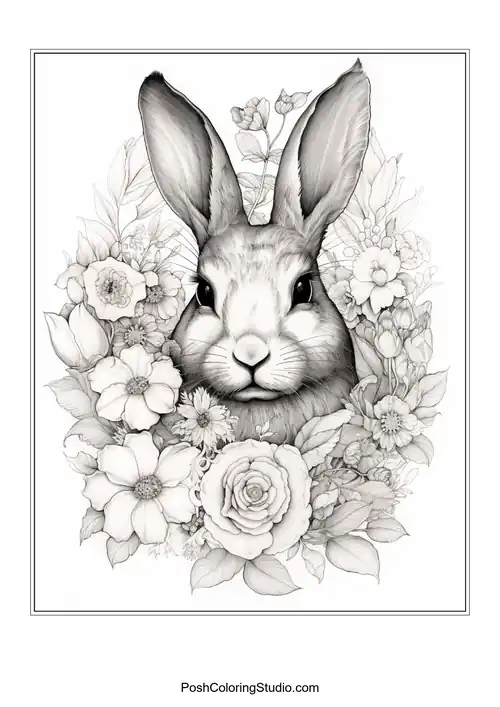 A rabbit's head framed by various flowers and leaves.