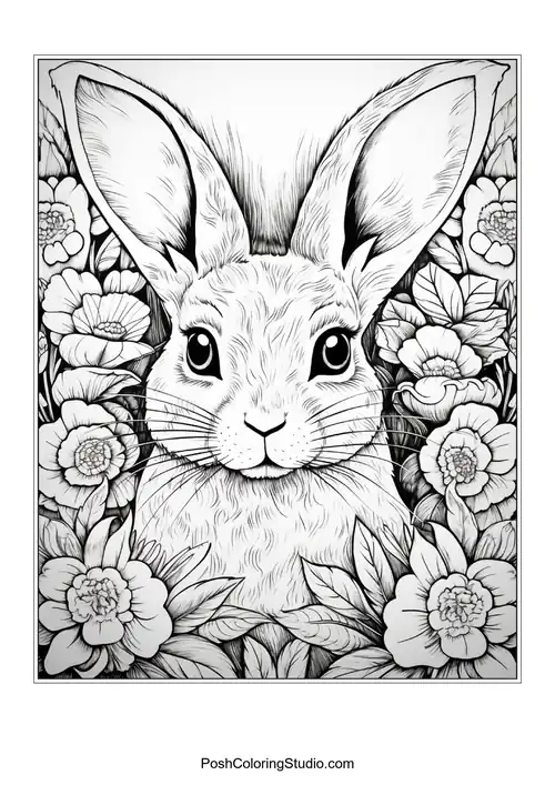 A rabbit with a floral crown and detailed features.
