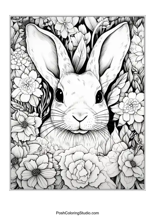 A rabbit surrounded by flowers and decorated eggs.
