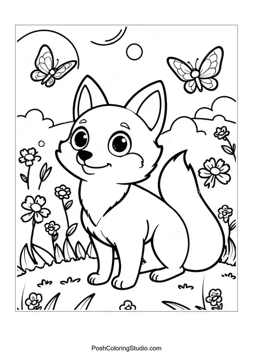 A fox sitting on a tree branch with birds.
