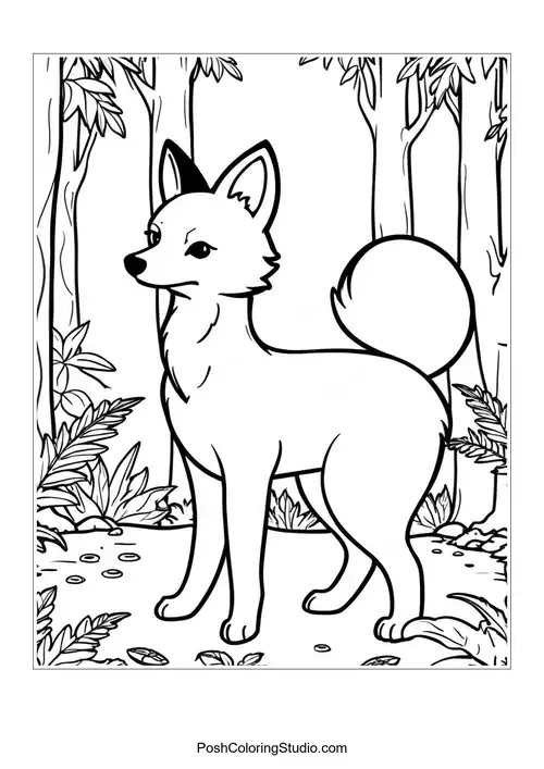 A fox exploring a forest path with leaves.
