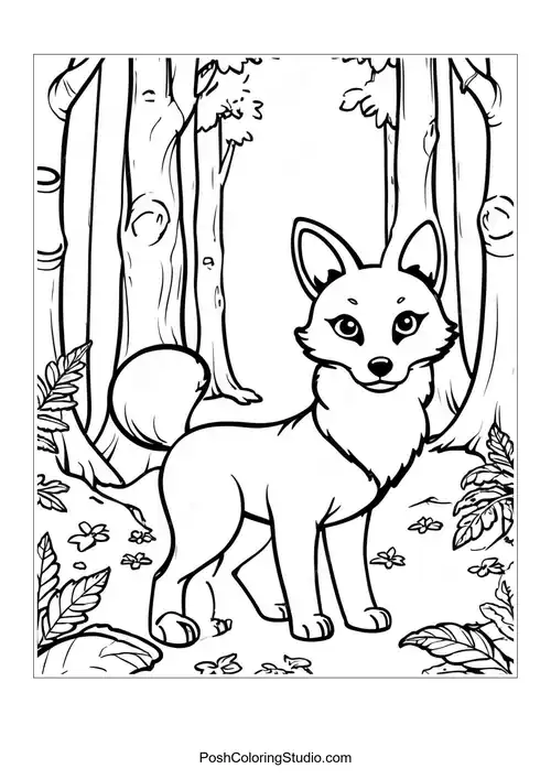 A fox looking back while walking through the woods.