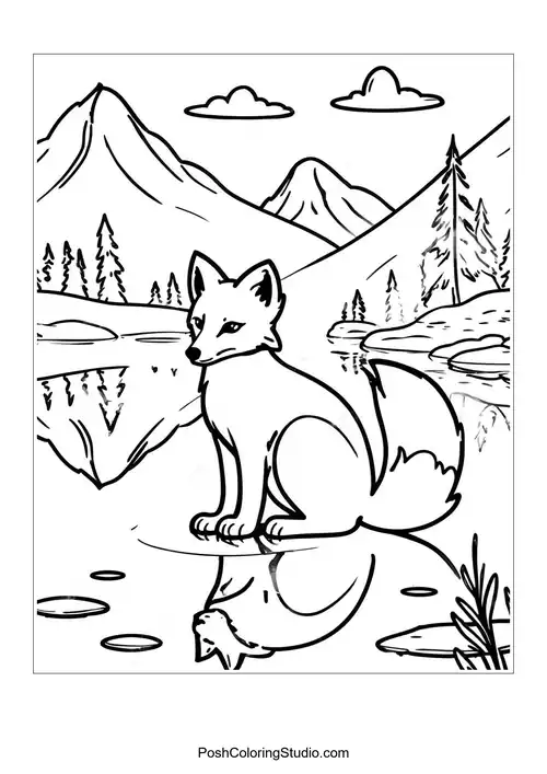 A fox sitting by a lake with mountains in the background.