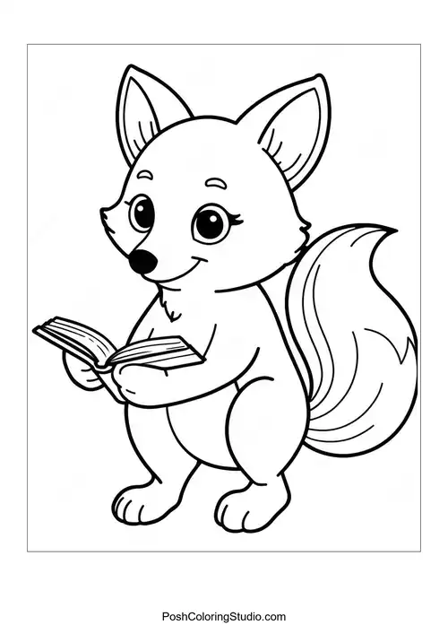 A fox reading a book while sitting on a log.