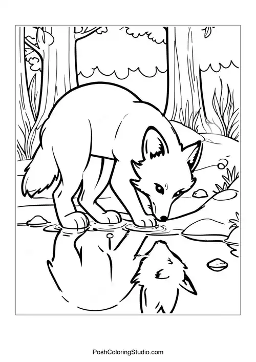 A fox standing in a puddle with raindrops falling.