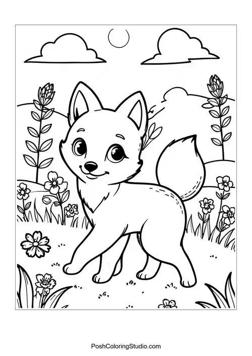 A playful fox walking through a field of flowers.