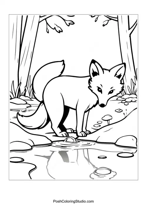 A fox drinking from a pond surrounded by trees.