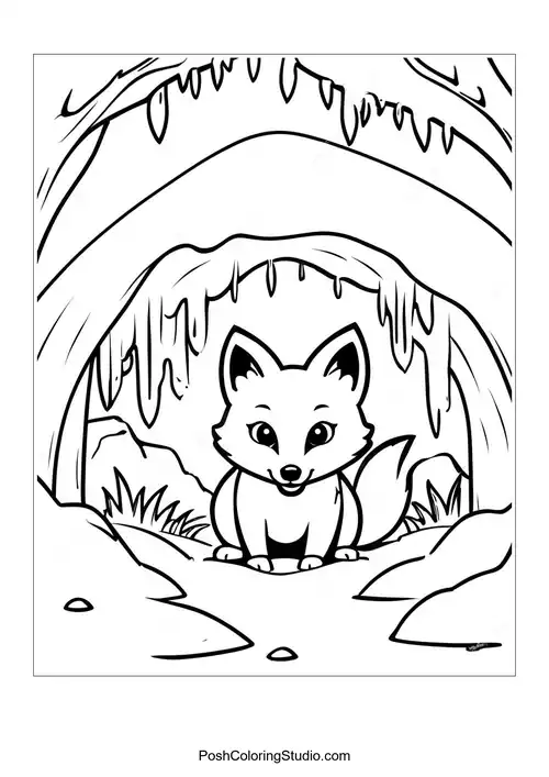 A fox peeking out from a cave with stalactites.