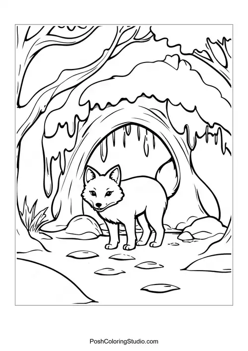 A fox exploring a cave with smooth stones around.