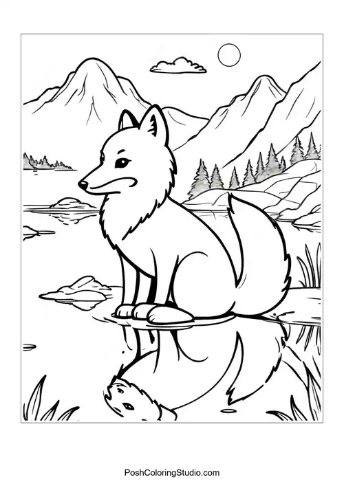 A fox sitting by a lake with mountains in the background.