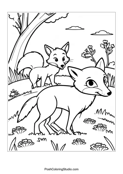 A cute fox sitting among mushrooms in a forest.